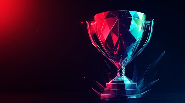 A vibrant 3D trophy with a polygonal design glows in red and blue light on a dark background