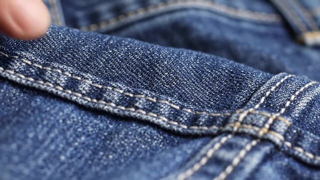 Closeup detailed view of blue denim fabric with visible texture and white stitching showcasing the intricate weave and seams of casual clothing material.