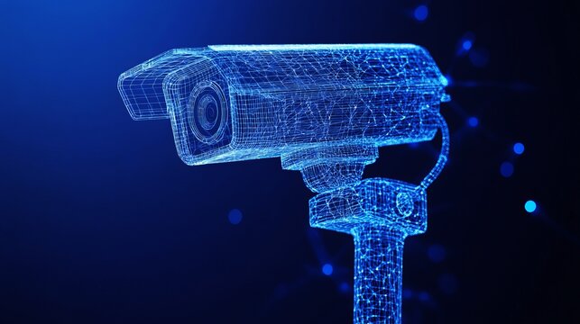 A futuristic blue security camera made of wireframe mesh on a dark background with blue dots