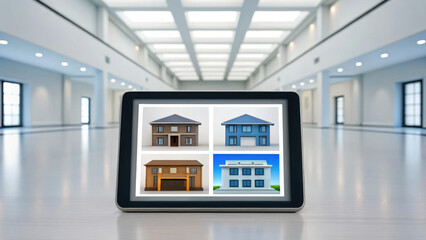 Fototapeta premium Digital real estate platform. Virtual real estate showroom with interactive house models displayed on tablet in modern bright room, showcasing property options