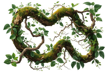 Fototapeta premium Mossy jungle tree branch forming a natural frame with green leaves and twisting organic vines on transparent background