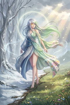 Mystical Nature Spirit Walking Between Winter and Spring Seasons, Ethereal Goddess of Seasonal Transition Fantasy Illustration