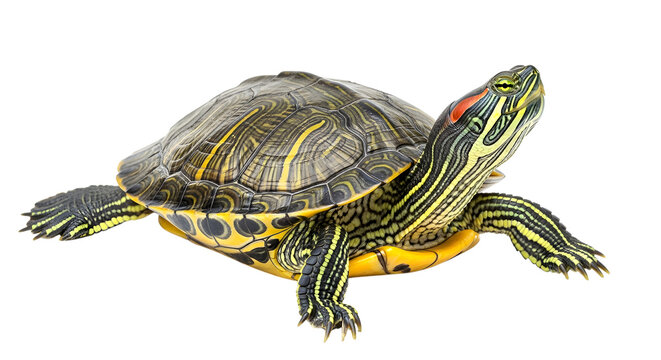 Red-eard Slider turtle isolated on transparent background png. 