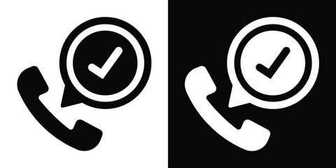 Professional icons of a phone handset with a checkmark in a notification bubble. Ideal for representing verified callers, successful connections, or confirmed appointments. © bibin