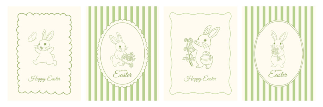 Easter hand drawn vintage greeting card set with bunny illustrations. Whimsical spring template for greeting cards, party invites and holiday posters.