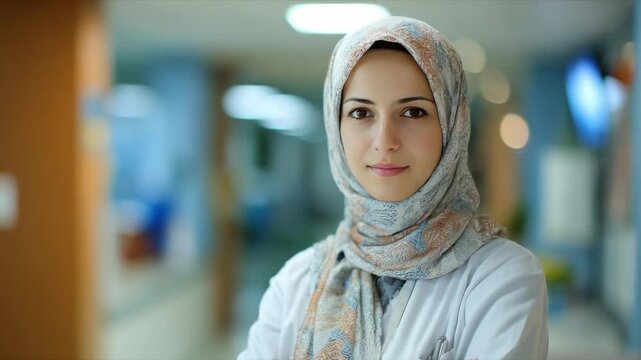 Professional Muslim Women in Hospital: A dignified Muslim woman, adorned in a hijab and professional attire, stands with quiet confidence. This image may represent various aspects of healthcare.