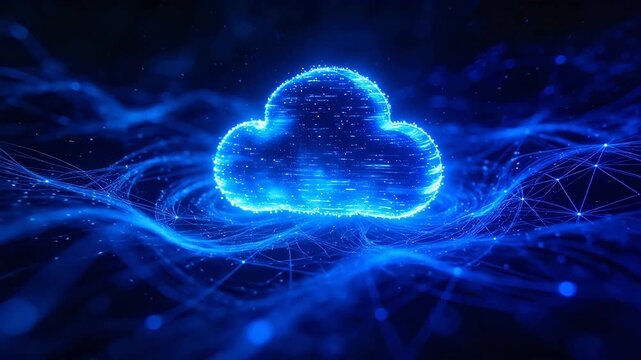 Digital cloud shape made of purple light particles and network lines