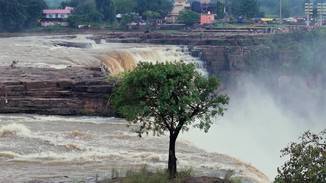 Aerial Slow Motion View of Chitrakote Waterfalls Chhattisgarh India