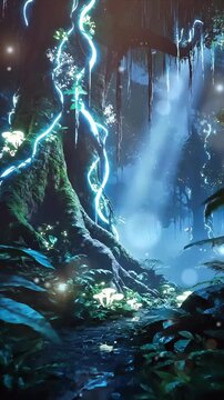 Electric blue glowing vines illuminate a dark fantasy waterfall in a cave.