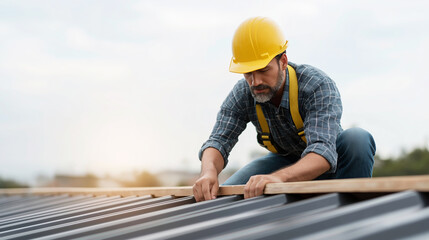 Construction worker wearing hard hat and safety harness, installing new roof materials on building, focusing on details