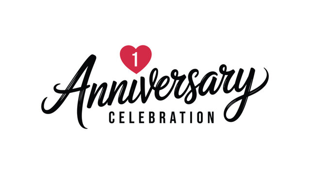 First anniversary celebration typography design with elegant script lettering and heart symbol for love romance greeting card and milestone event banner