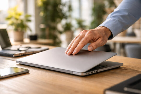 Close-up of hand closing a laptop on a wooden desk