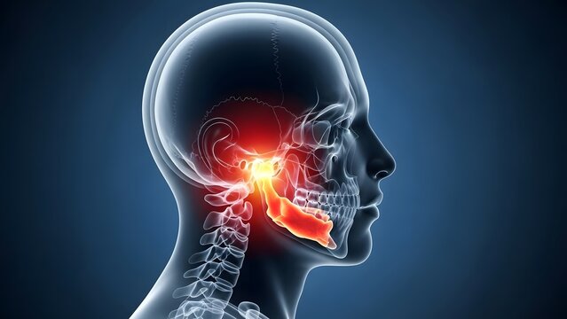 Jaw pain and temporomandibular joint disorder. Dental healthcare and anatomy research. Side profile of transparent human head with glowing red light on the mandible and jaw joint