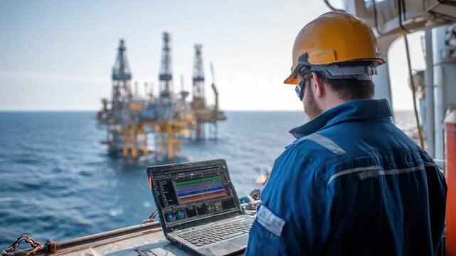 Offshore Engineer at Work: An engineer, absorbed in monitoring a laptop, stands on a vessel with an expansive view of an oil rig complex at sea.