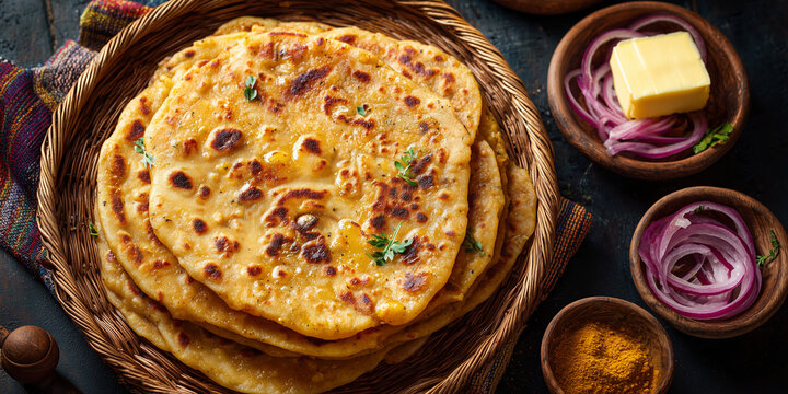 Stack of traditional Indian aloo parathas with melting butter and pickles