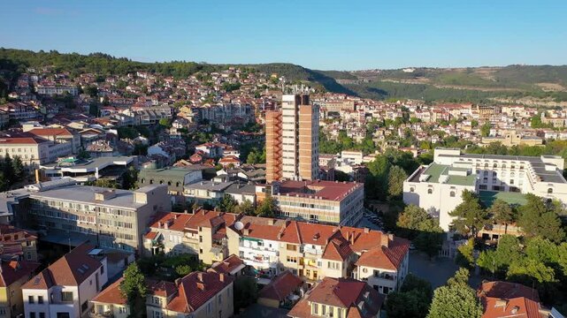 Veliko Tarnovo city in North Bulgaria, drone video with Etar Hotel, 4k