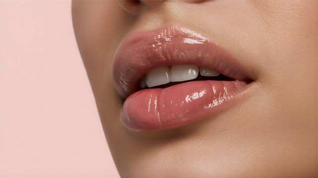 Close-up of a woman's glossy lips with perfect teeth