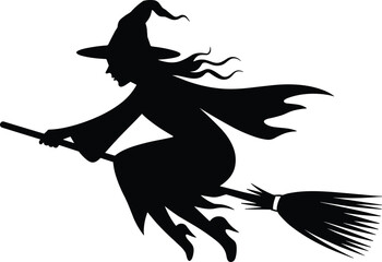 Silhouette of a witch flying on a broomstick with a pointed hat and flowing cape for Halloween spooky design