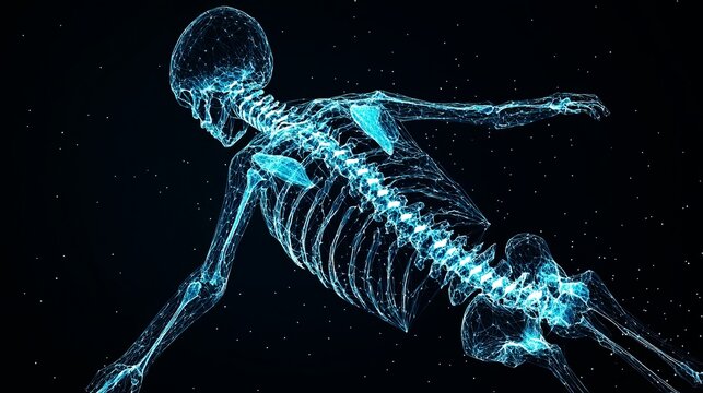A glowing blue skeleton of a human body against a dark background with stars