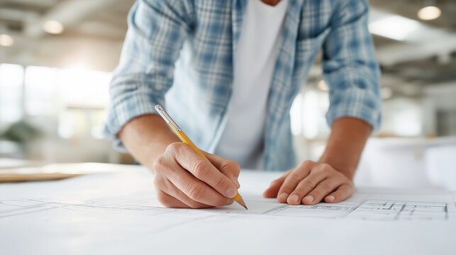 Architect hands writing notes on blueprints, creating new building designs and development plans at the office