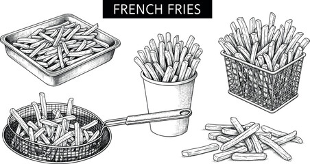 French fries fast food collection with basket cup tray and fryer hand drawn sketch style snack vector illustration set © Lunavera art