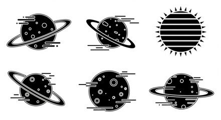 Set of stylized planets and sun icons with glitch effect. © malika