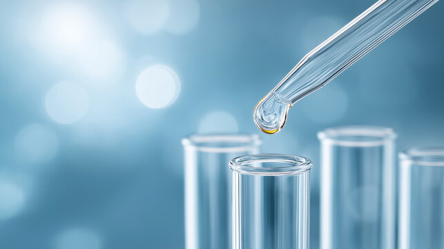 Pipette dripping a fluid droplet into a glass test tube, demonstrating precision in chemical experiments and scientific analysis