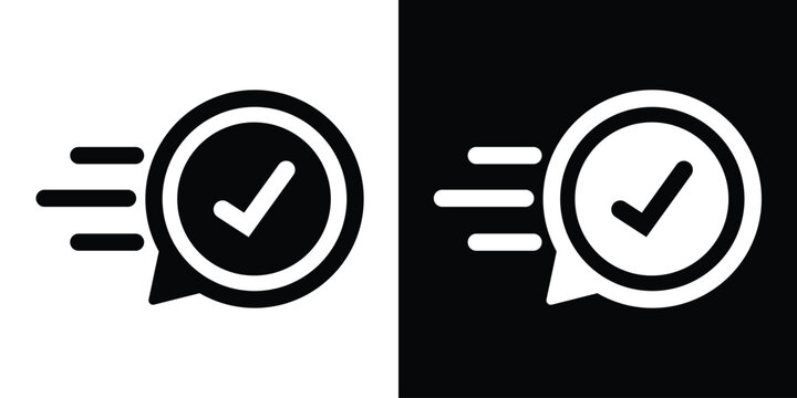 High-speed checkmark icon in a speech bubble. Represents fast approval, quick success, rapid validation, and efficient task completion. Black and white vector set for business and web apps.
