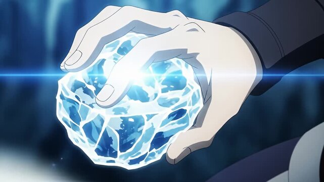 Hand holds glowing blue ice ball in anime-style art with bright light effects