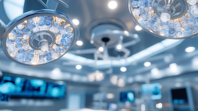 Close-up of modern surgical lamps in operating theatre with blurred hospital interior. Healthcare technology and medical equipment concept.