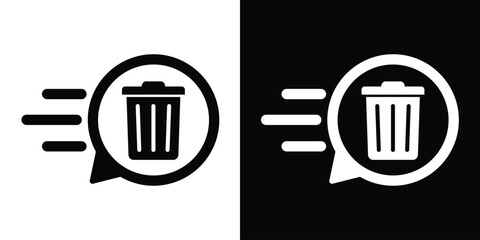 Moving trash can icon in a speech bubble. Symbolizes rapid deletion, quick cleaning, fast data removal, and efficient clearing of tasks or files. Modern UI/UX vector design. © bibin