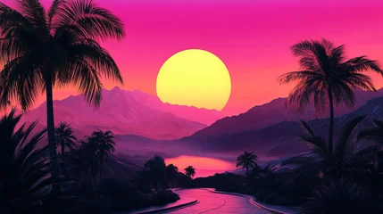 Fototapete Rosa A serene tropical landscape with palm trees and a winding road at sunset  © Harry
