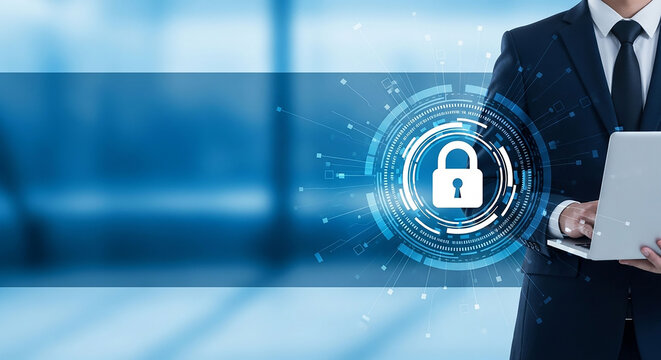 Cybersecurity and Data Protection: A professional in a suit, standing before an abstract digital interface symbolizing advanced protection of information and systems, using a laptop.