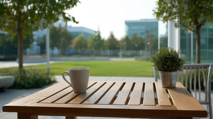 Fototapeta premium Outdoor cafe table with cup and plant overlooking a modern office park campus, tranquil working break