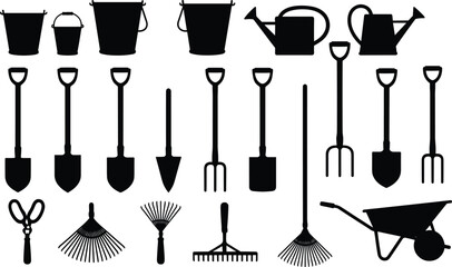 Garden tools silhouette collection including shovel rake fork watering can bucket wheelbarrow and scissors isolated black gardening equipment vector set © AVIJIT