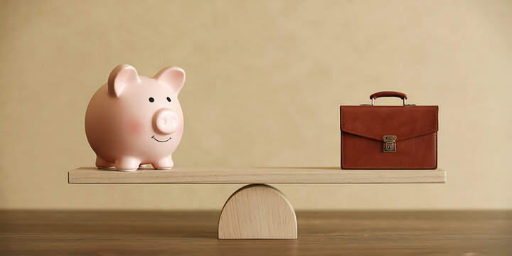 A pink piggy bank and a brown leather briefcase balanced on a wooden seesaw representing financial decisions