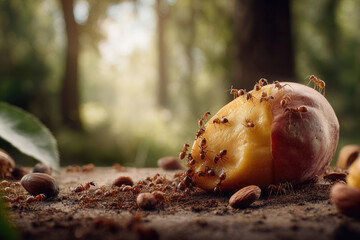 Ants are eating a fallen peach on the forest floor, showing teamwork and nature's cycle