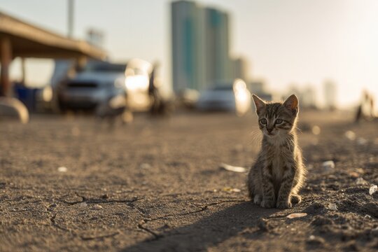 Small kitten looking at camera while sitting on dusty ground near city buildings at golden hour