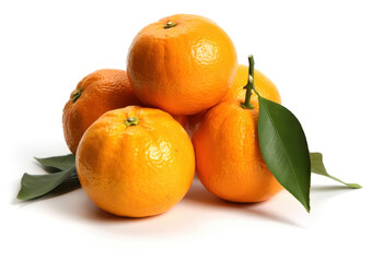 Fresh oranges with green leaves on white background