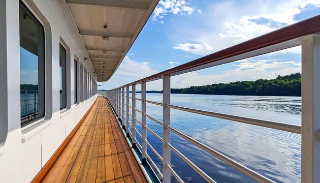 Sunny ship deck with wood floor, white railing overlooking tranquil water, trees on shore, and a bright blue sky