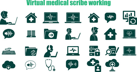 Fototapeta premium Illustrations Showing Various Aspects Of Virtual Medical Scribe Remote Work Process
