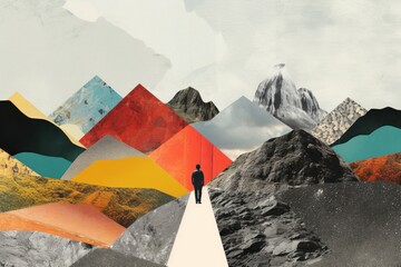 Fototapeta na wymiar A person walk on a road with mountain background outdoors painting nature.