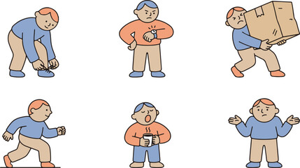 Male Character Illustrations Showing Daily Activities and Frustration Emotions
