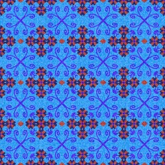 Fototapeta premium Ethnic Cross Stitch Seamless Pattern, Tribal Geometric Embroidery on Blue Fabric Texture, Boho Style Ornament for Fashion Textile, Apparel Design and Home Decor, Bohemian Mosaic Vector Background