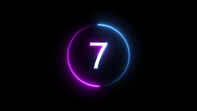 A dynamic circular animation, and glowing count neon number 7 animation . on a black background. and creating a stunning 4k video.