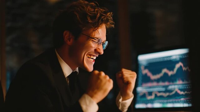 Triumphant Trader: A focused trader, immersed in the world of finance, experiences a moment of elation and joy, his elation reflected by a graph
