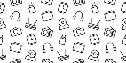 Seamless multimedia pattern with electronic gadgets icons: camera, headphone, radio, smartwatch, webcam, and router. Linear vector for tech and digital lifestyle.