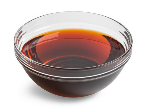 Small glass bowl of dark soy sauce condiment liquid
