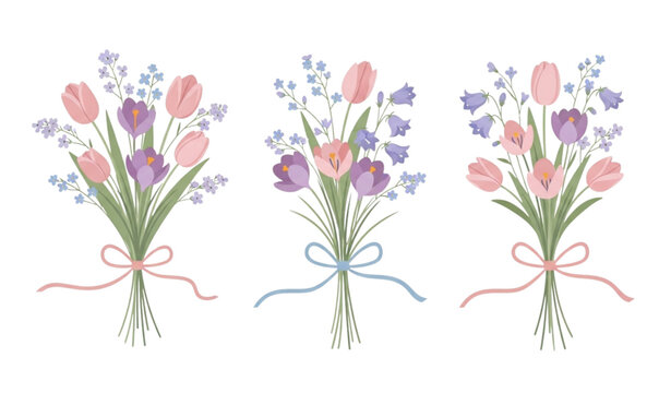 Delicate spring flower bouquet  with tulips crocus and ribbon bows vector isolated on transparent background