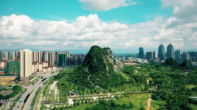 Guilin Karst Mountain with Modern City Skyline Aerial View